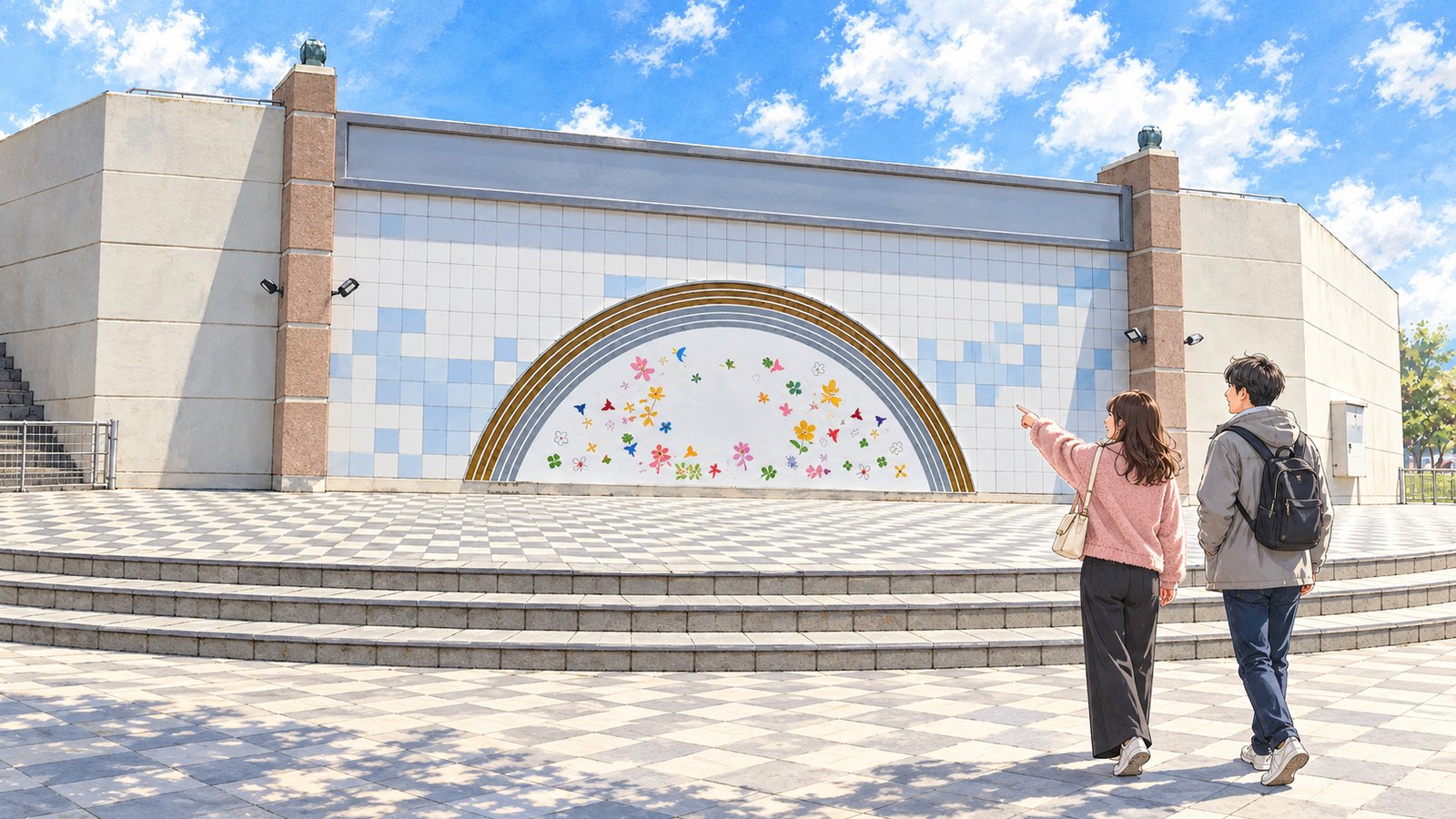 布引グリーンスタジアムの大空広場にある半円形の記念看板と二人の旅行者のイラスト