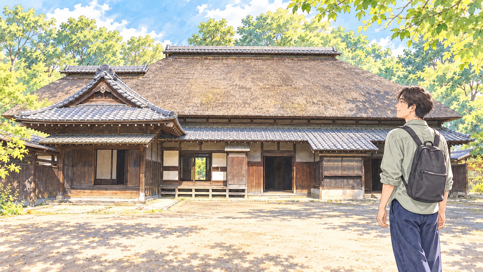 難波田城公園の旧大澤家住宅を眺める男性のイラスト