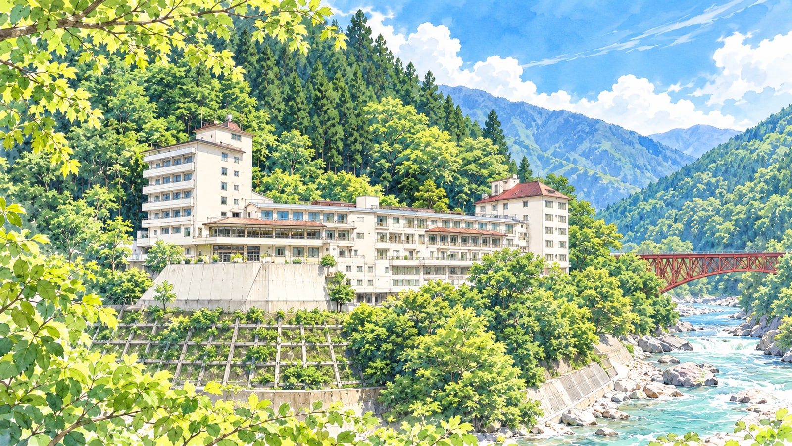 緑の山々と黒部川に囲まれたホテル黒部の外観のイラスト