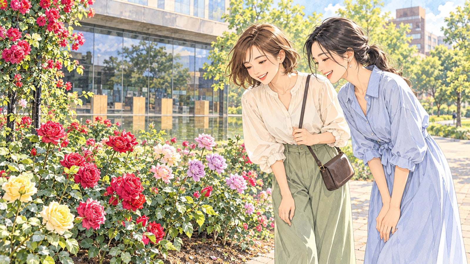 福山市中央公園の4色のばらを眺める二人の女性のイラスト