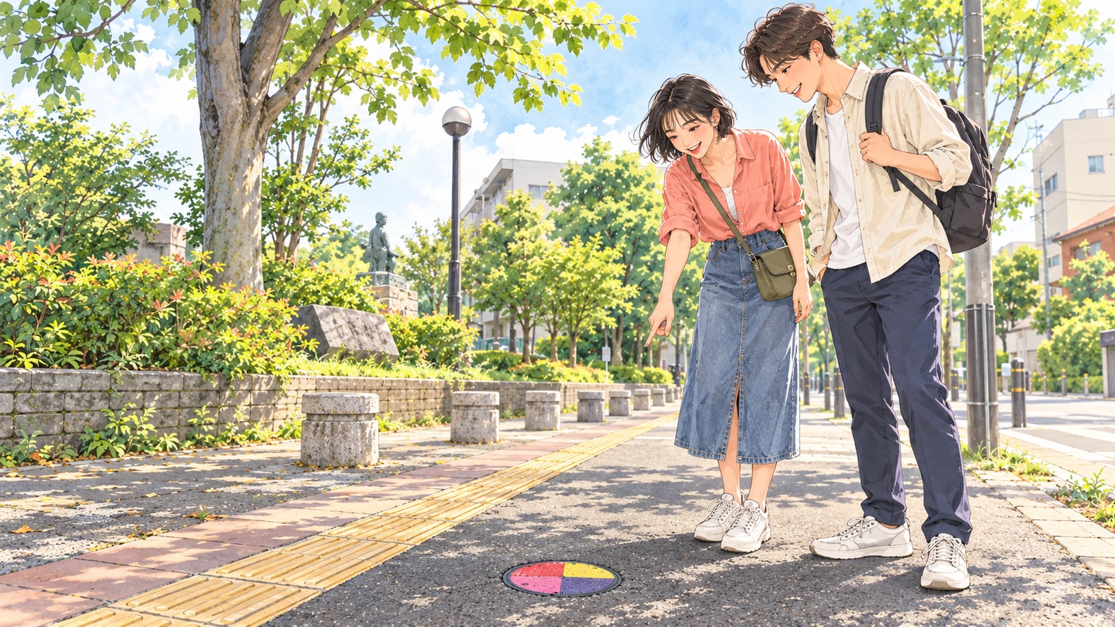 亀岡市の南郷公園前で色付きマンホールを見つけた二人のイラスト