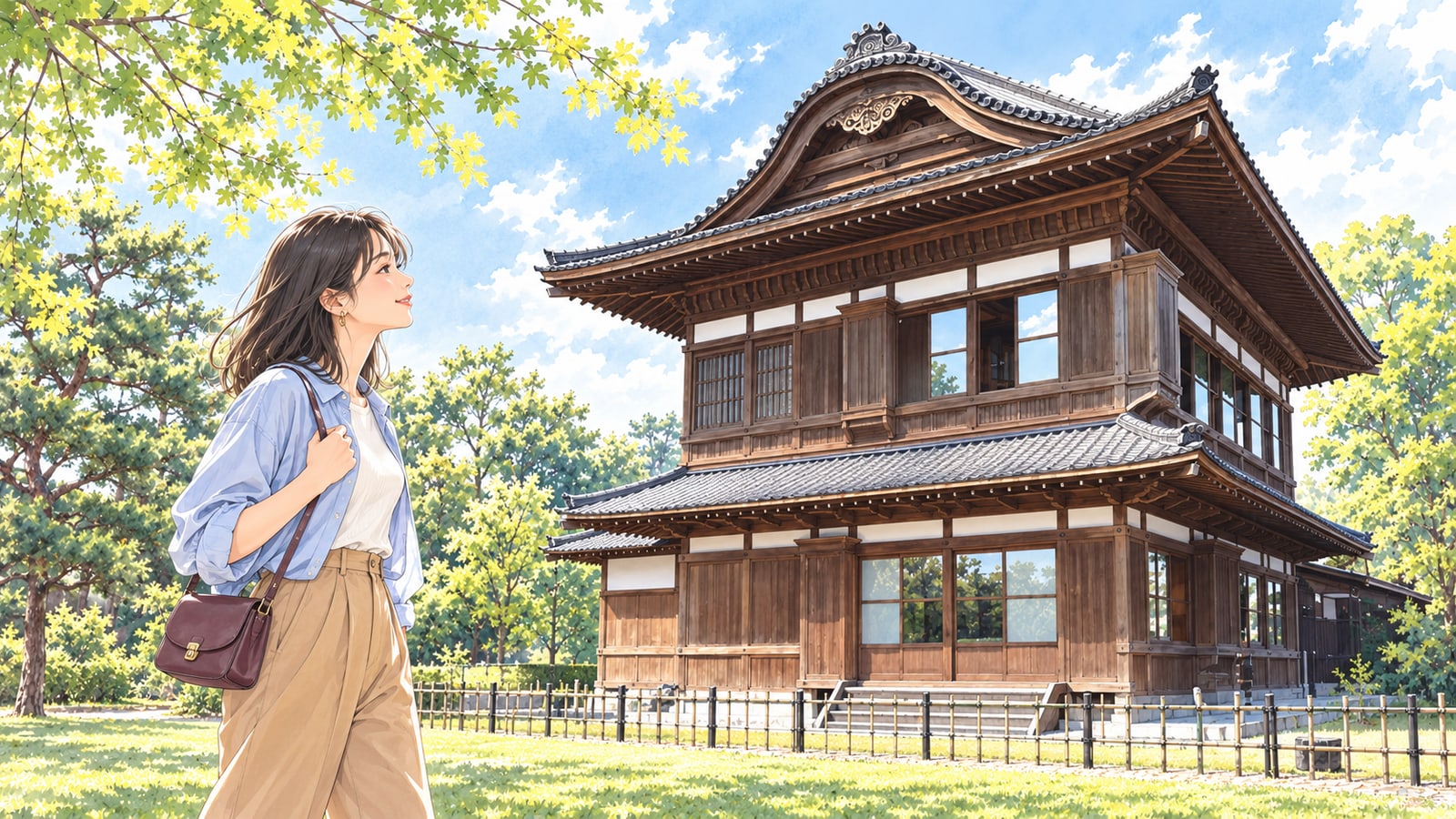 新発田市の東公園で蔵春閣の外観を眺める女性のイラスト