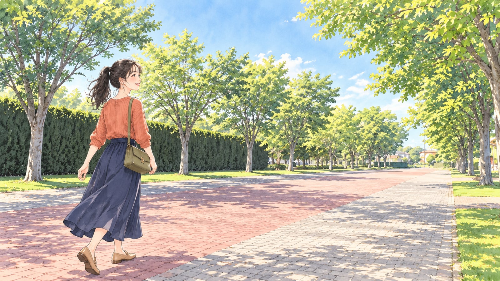 長生村の尼ケ台総合公園の並木道を歩く女性のイラスト