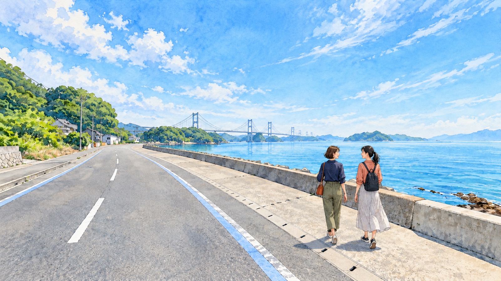 椋名海岸の海沿いの歩道を歩く成人女性二人のイラスト