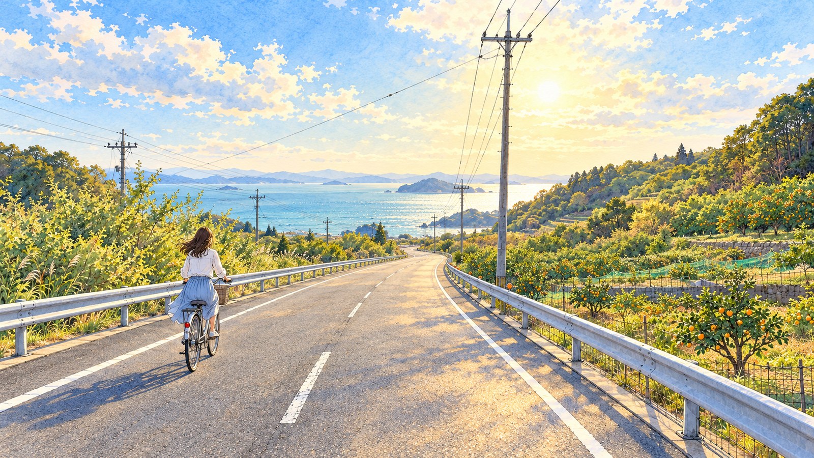 海へ向かって下る坂道を自転車で走る女性のイラスト