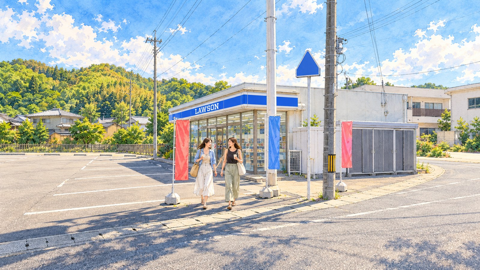 青い帯に白い「LAWSON」の看板が入る大三島の店舗前を歩く女性二人のイラスト