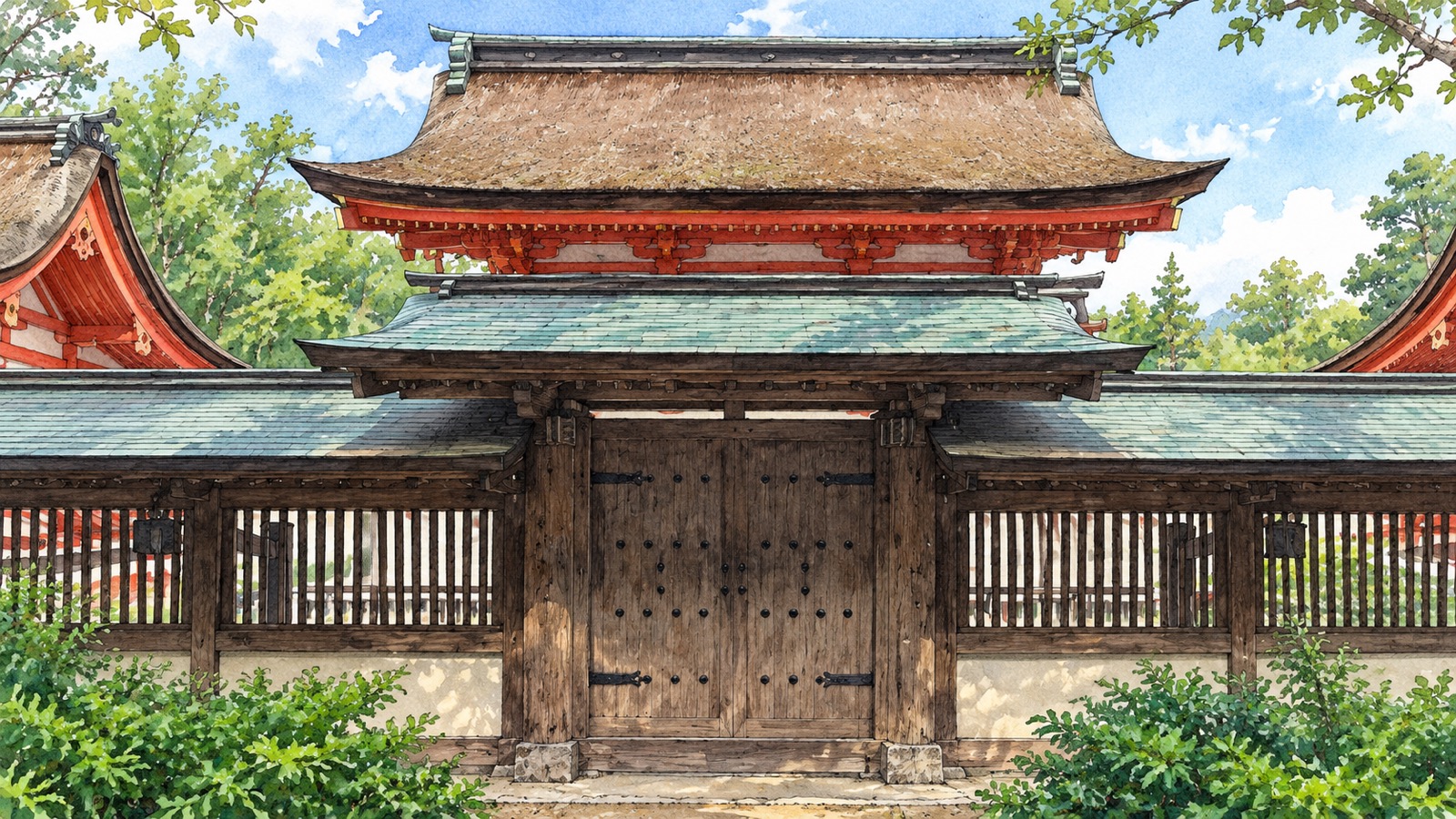 大山祇神社の木の門と檜皮葺の屋根のイラスト