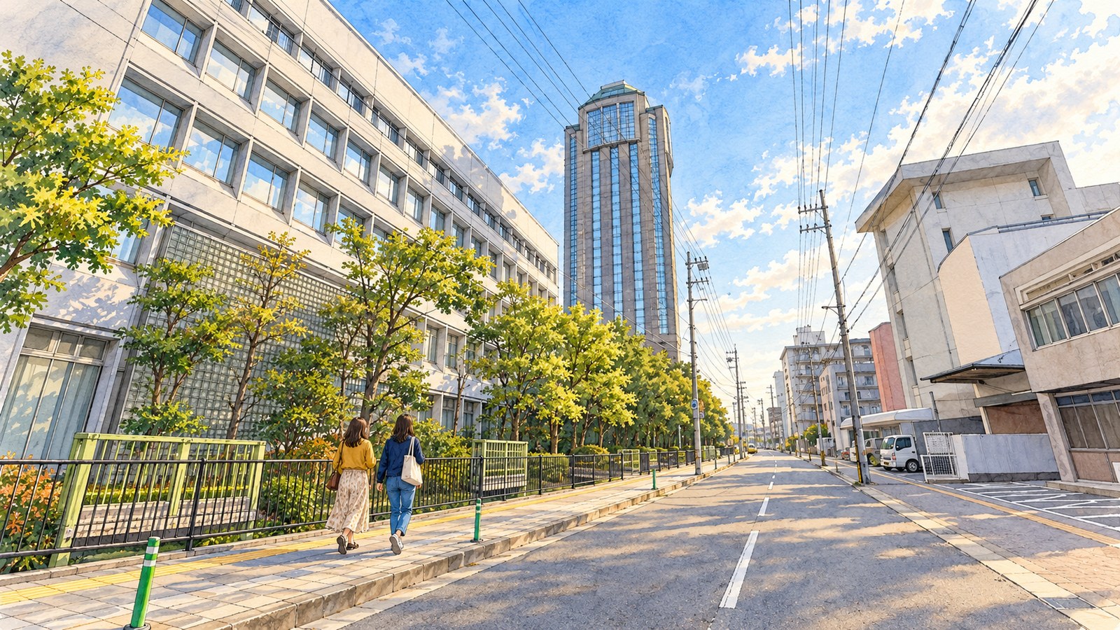 通りの先にそびえる今治国際ホテルの塔と歩道を歩く女性二人のイラスト