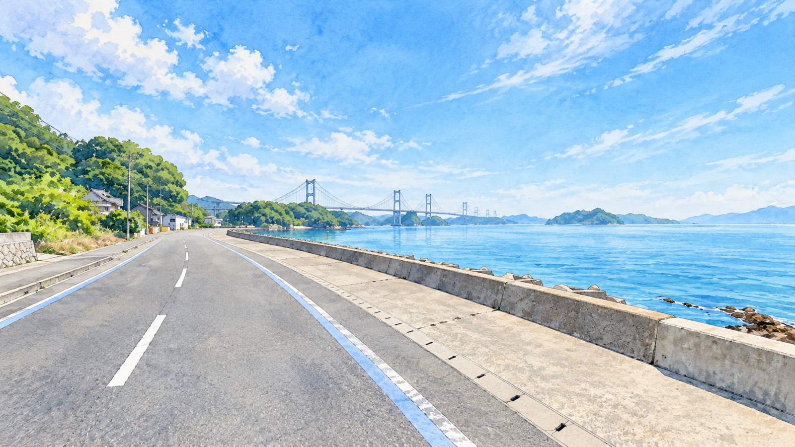 椋名海岸の道路と護岸の先に見える来島海峡大橋のイラスト