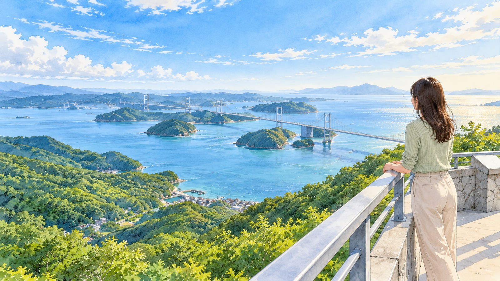 亀老山の展望台の手すりから来島海峡大橋と島々を眺める女性のイラスト