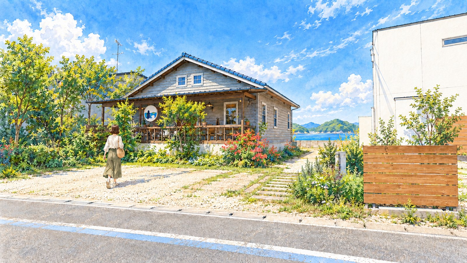 板張りの壁と深いポーチのあるCafe Shozanへ歩く女性のイラスト