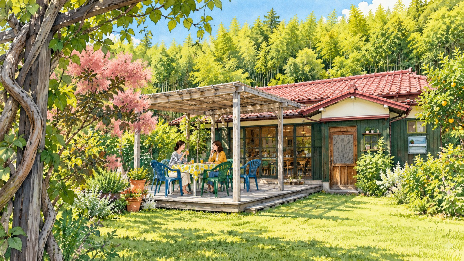 枝を組んだアーチの奥に赤い屋根の建物とテラスが見える友浦サイトのイラスト