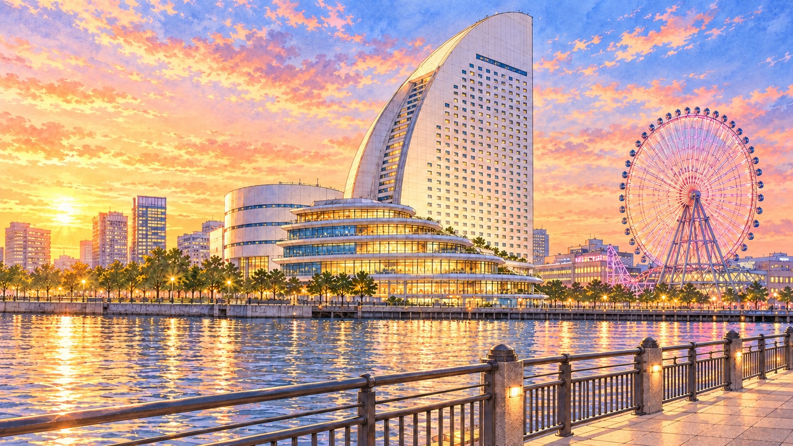 Illustration of a sail-shaped hotel and Ferris wheel along Minato Mirai at dusk, with a seaside railing and promenade.