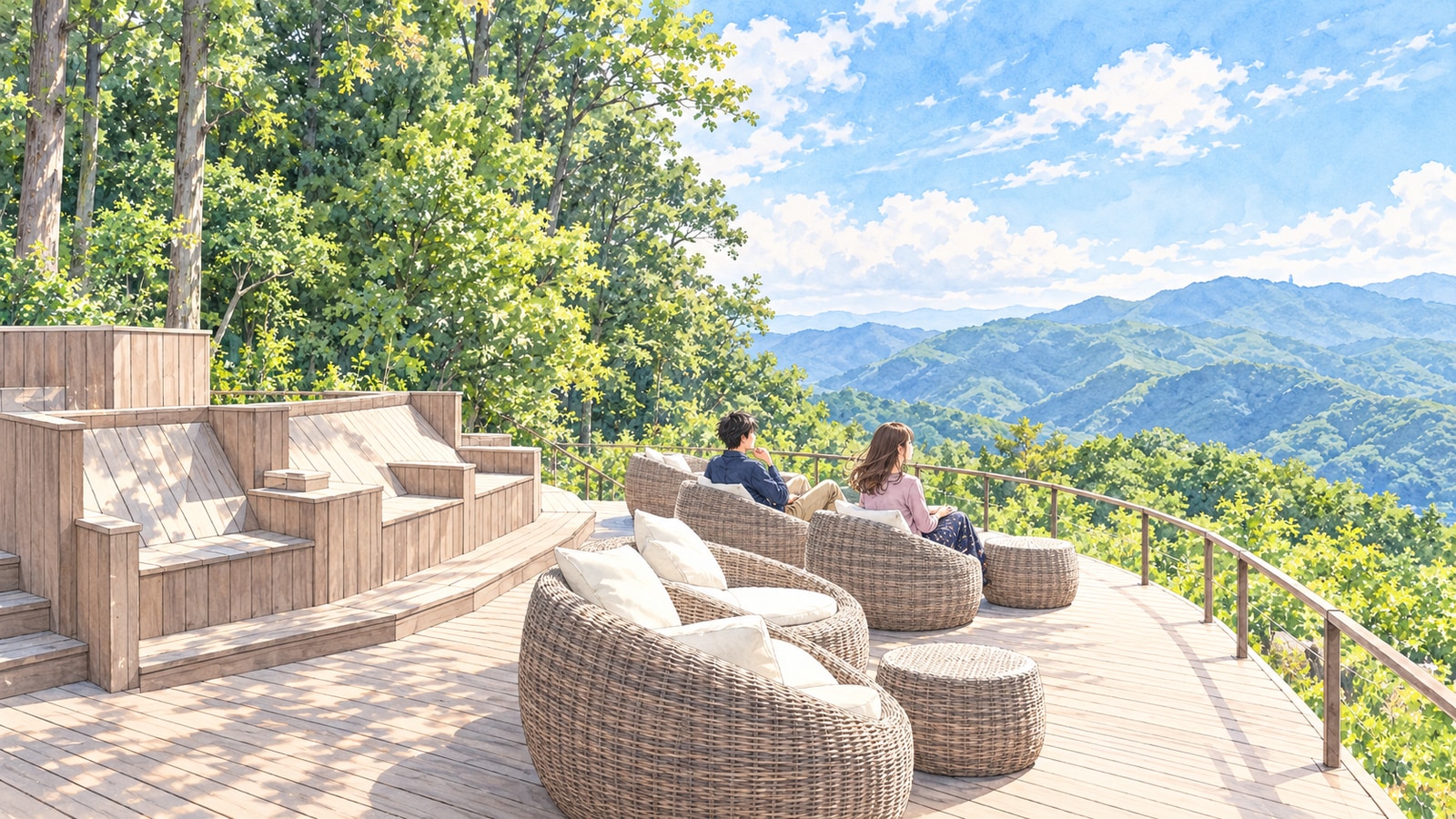 Two people seated on round chairs at SUSABINO Terrace on Mount Hodo, looking toward the mountain range