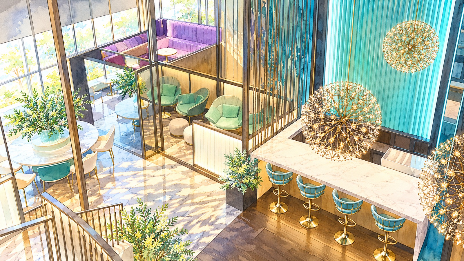 An illustration of the Ledian Lounge interior, with a spherical light in the atrium and green and purple chairs
