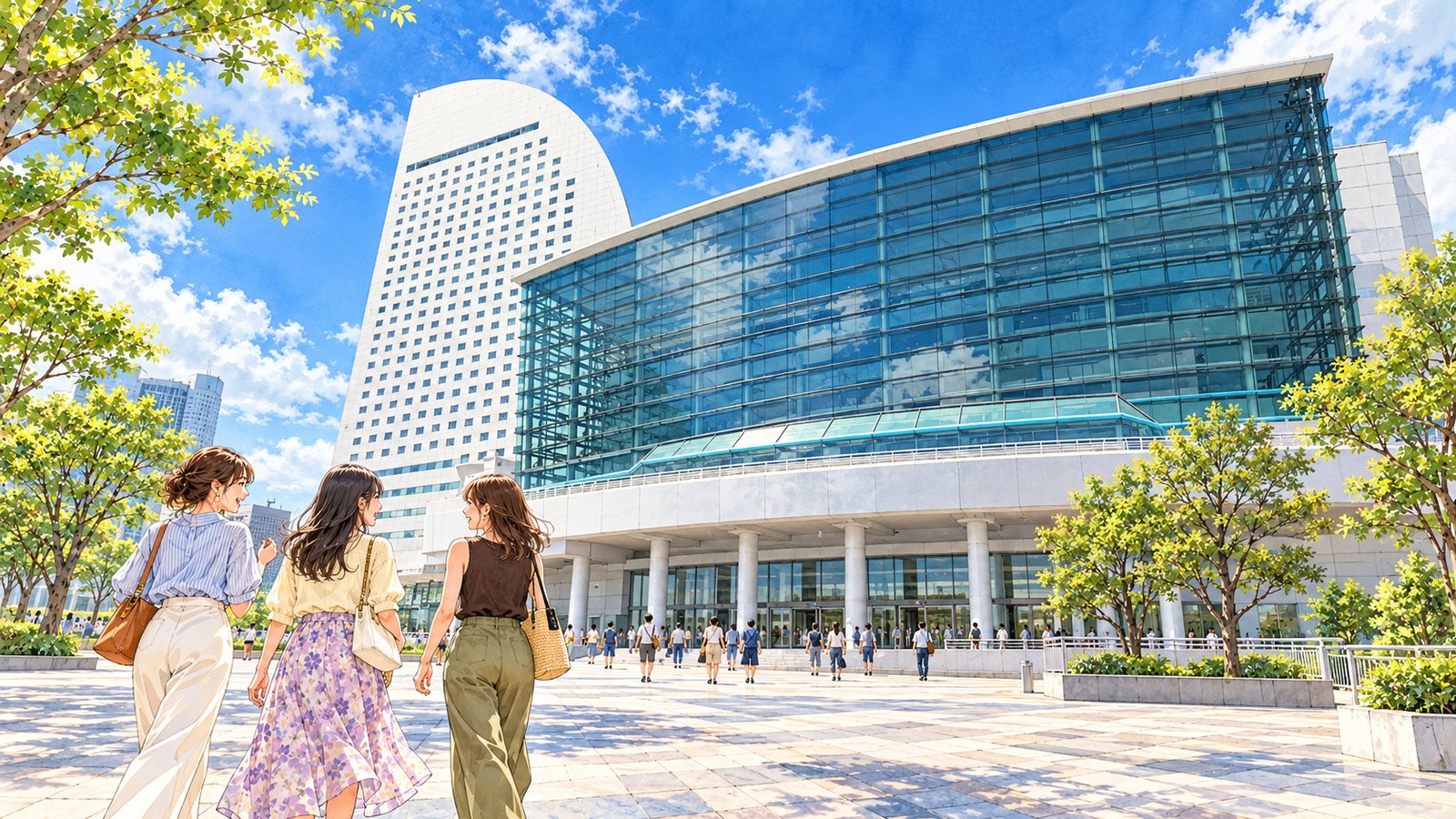 Three people walking across the plaza toward the glass-fronted Pacifico Yokohama National Convention Hall on a summer afternoon