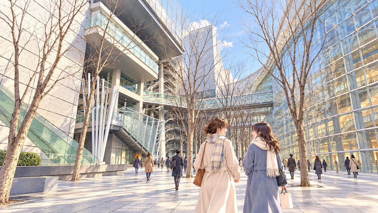 Two people walking along the tree-lined path between the Hall Building and Glass Building at Tokyo International Forum in winter