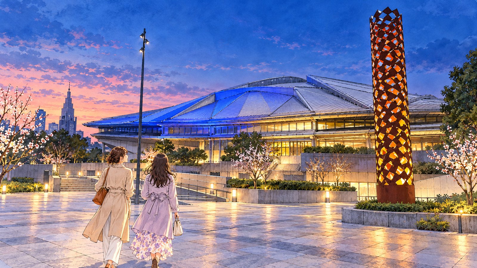 Two people walking in early March at dusk in front of Tokyo Metropolitan Gymnasium’s blue-lit roof and plaza tower