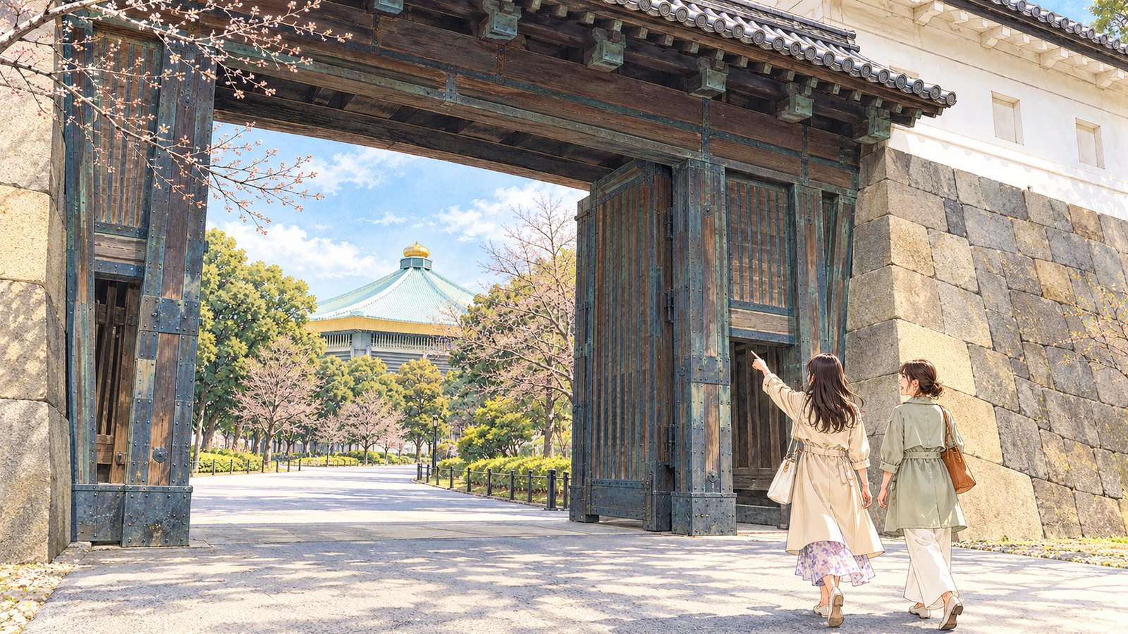 Two people passing through Tayasumon Gate in early spring and pointing toward the golden shachihoko ornaments on Nippon Budokan’s roof