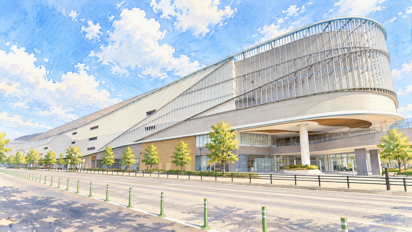 Exterior illustration of MARK IS Fukuoka Momochi, with curved walls and vertical louvers, home of Zepp Fukuoka