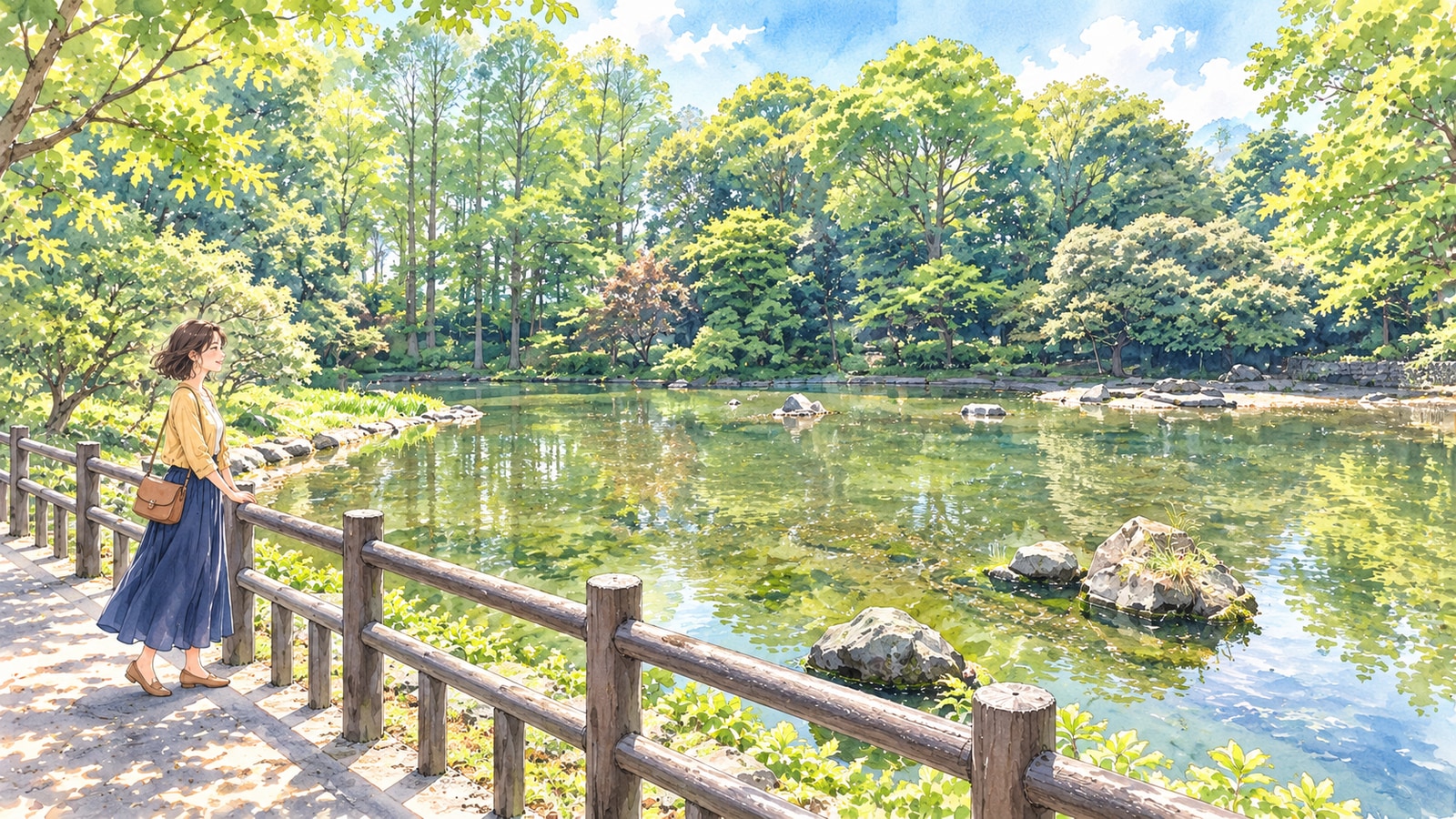 A woman looking across the central pond of Togoshi Park from a path with a wooden fence
