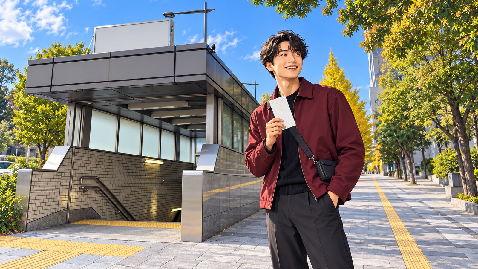 九段下駅のガラス張りの入口と、紙を手にした男性のイラスト