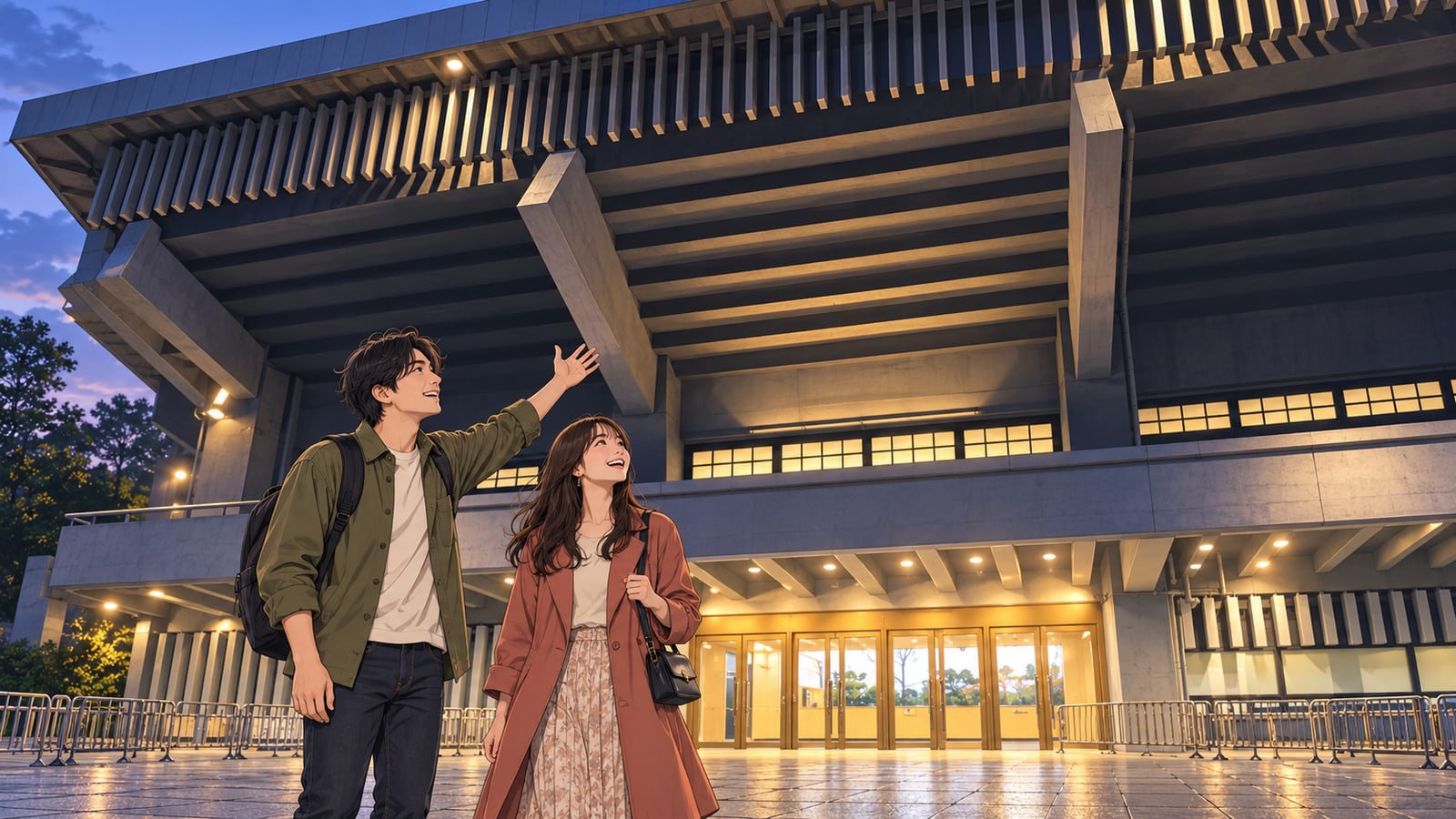 日本武道館の梁と格子がある入口を訪れる二人の旅行者のイラスト