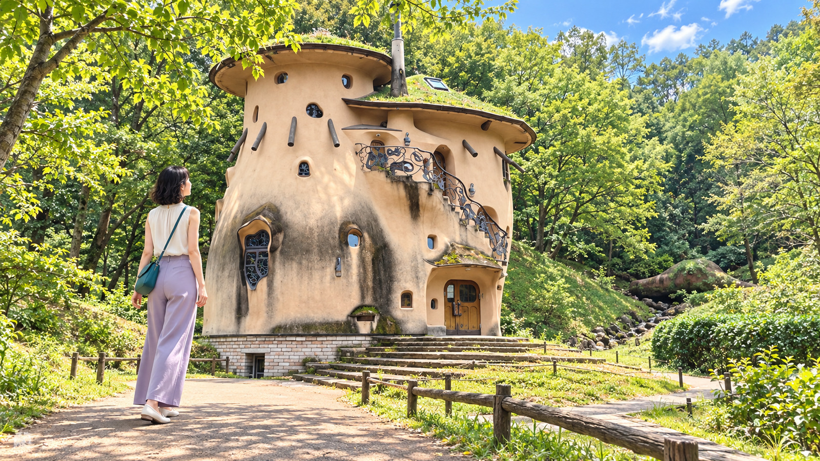 きのこ形の建物があるトーベ・ヤンソンあけぼの子どもの森公園と、手前の女性のイラスト