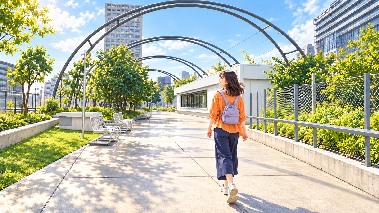 連続するアーチの下にベンチが並ぶ宮下公園と、歩く女性のイラスト