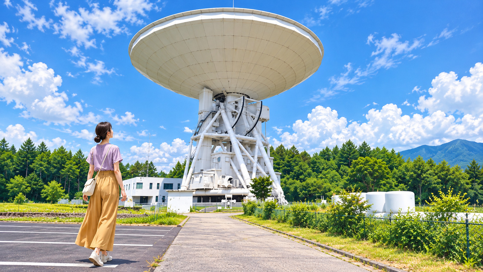 野辺山宇宙電波観測所の大きな白い電波望遠鏡を眺める女性のイラスト