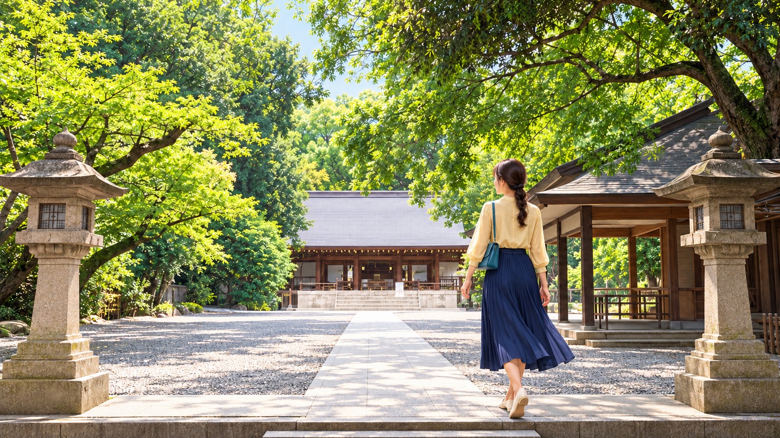 石灯籠が並ぶ乃木神社の参道と、社殿を訪れる女性のイラスト