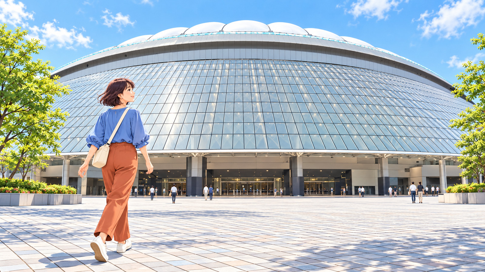 白いドーム屋根と傾斜したガラス面がある東京ドームを訪れる女性のイラスト
