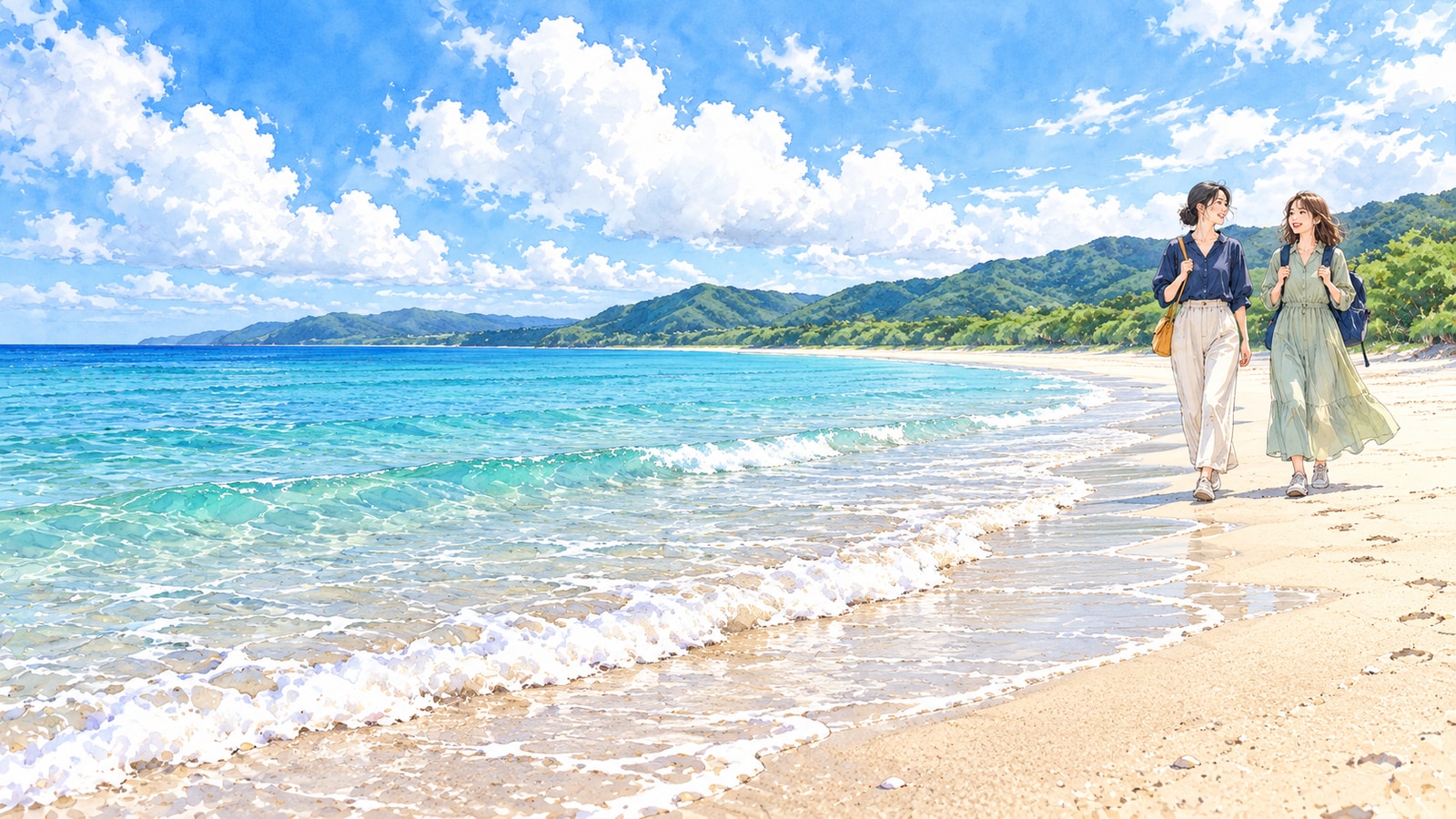Two visitors walking against a backdrop of Ohki Coast’s white sand, blue sea, and green mountains