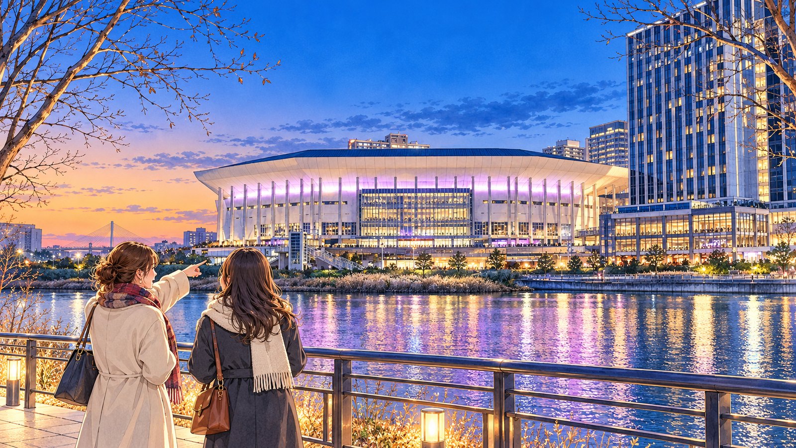 Two visitors pointing toward K-Arena Yokohama, lit up beside the waterfront promenade on a winter evening