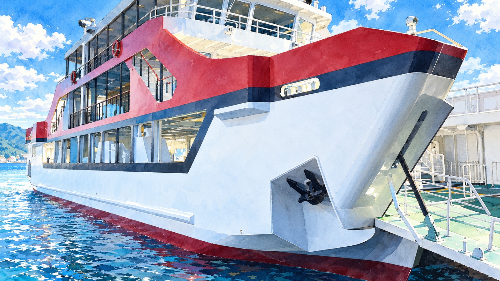 Illustration of the JR West Miyajima Ferry, a white vessel with a red stripe, docked at the Miyajima route terminal