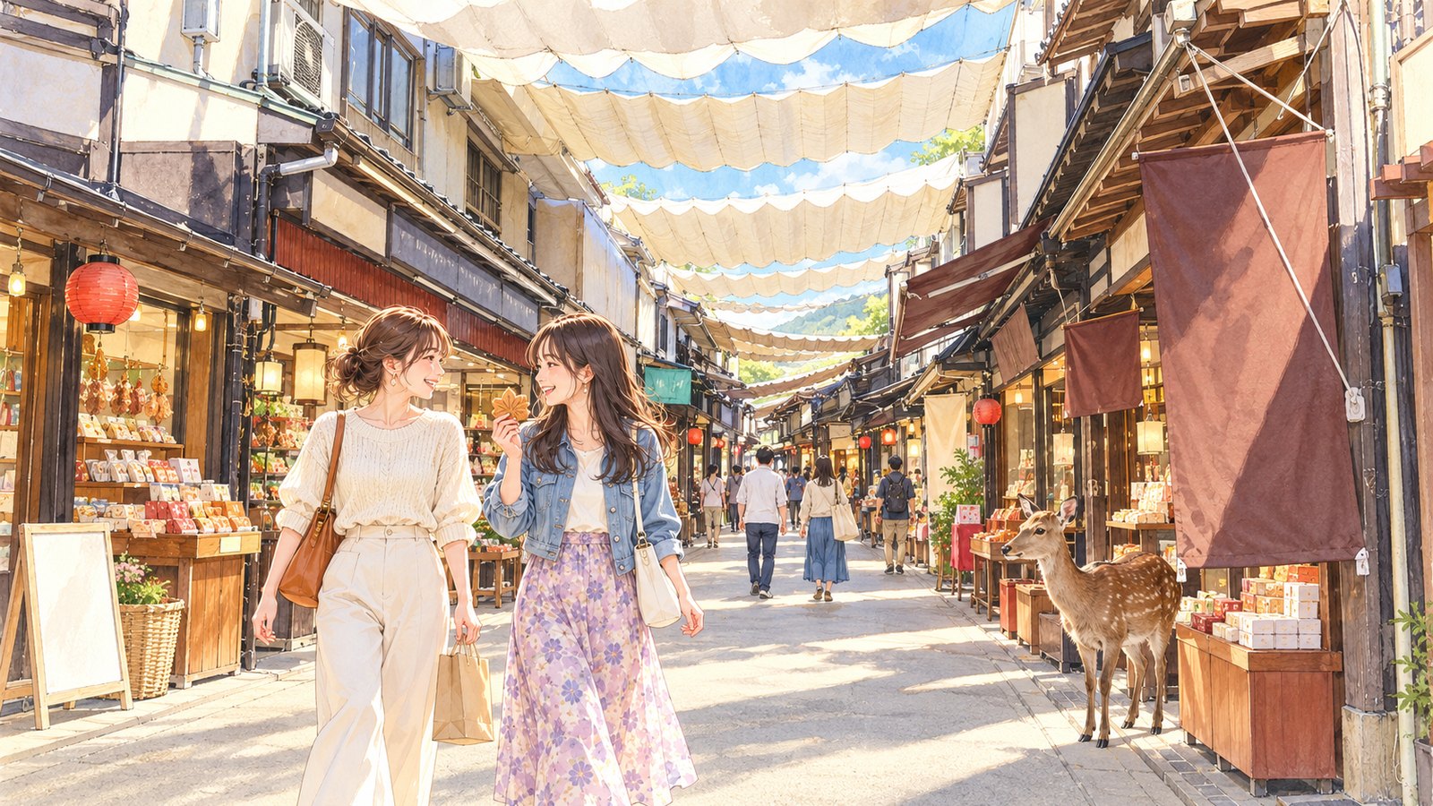Two visitors walking with momiji manju in hand along Miyajima Omotesando Shopping Street beneath white awnings, with a deer by a storefront