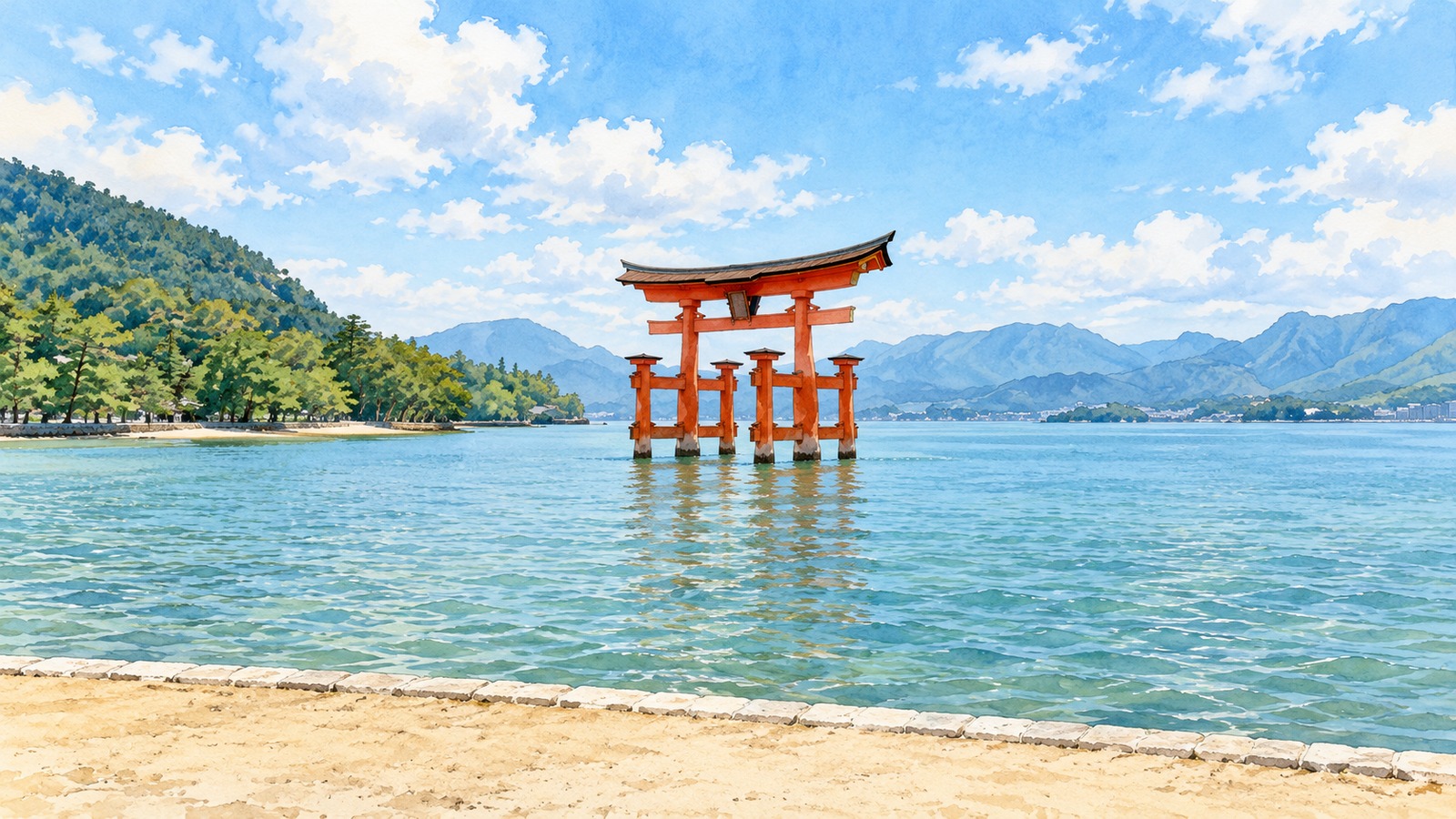 Illustration of the vermilion Great Torii of Itsukushima Shrine standing in the sea, viewed from the shore
