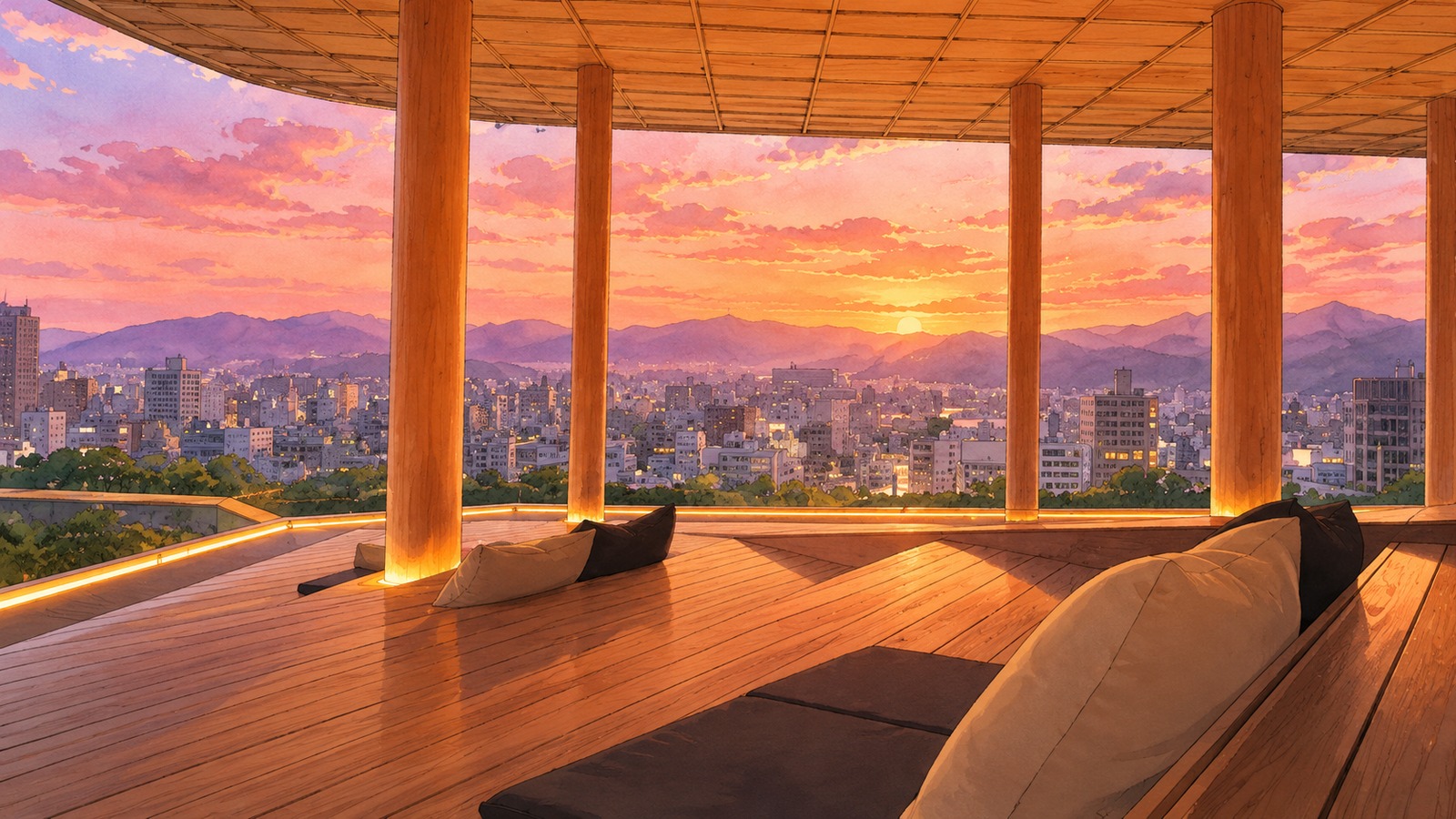View of Hiroshima at sunset from the wooden-floored observation deck at Orizuru Tower