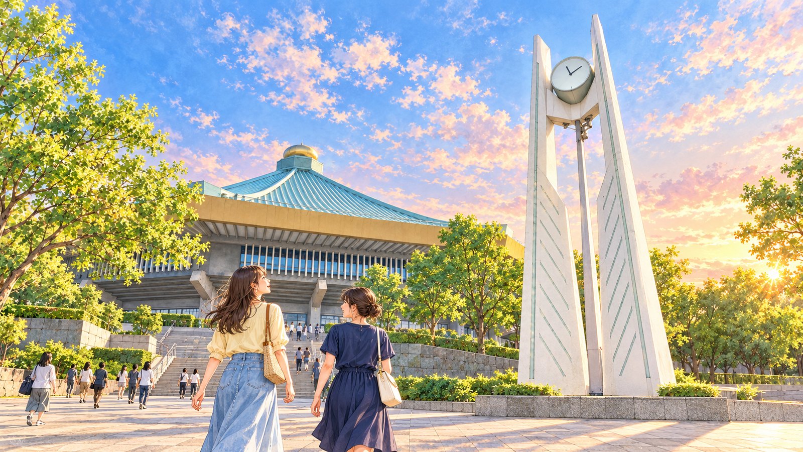 Two visitors walking toward Nippon Budokan from a plaza with a white clock tower on a summer evening
