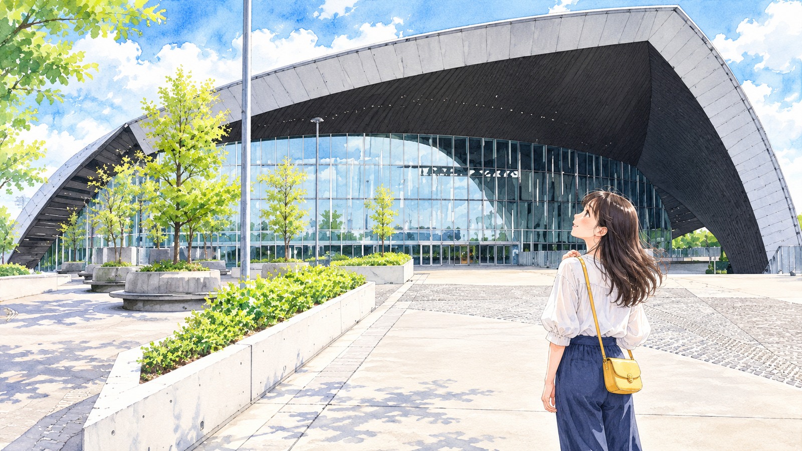 Woman looking up at Keio Arena TOKYO, with its broad curved roof and glass facade