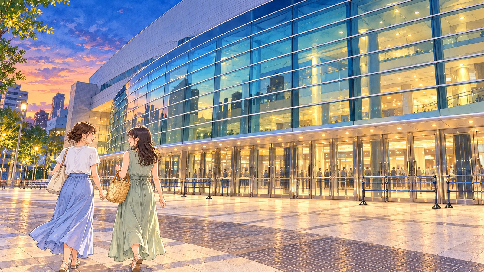 Two visitors walking toward the glass facade of Yokohama Arena lit up at summer dusk