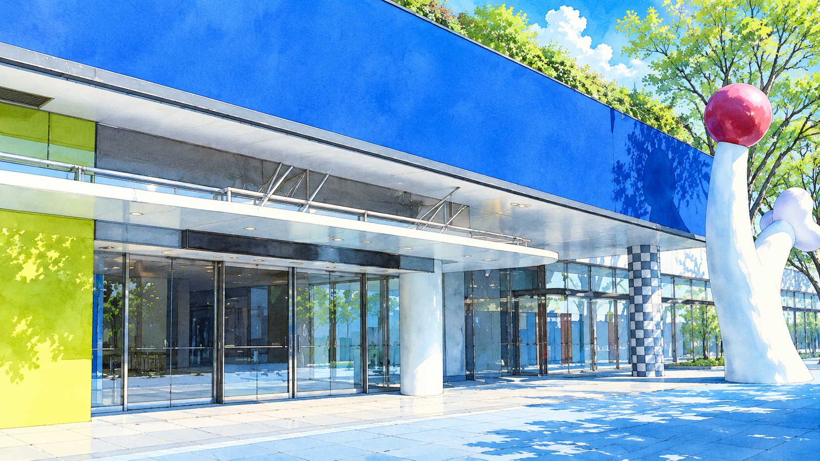 Illustration of the entrance to Kanadevia Hall, with blue banded exterior walls and a white sculpture topped with a red sphere