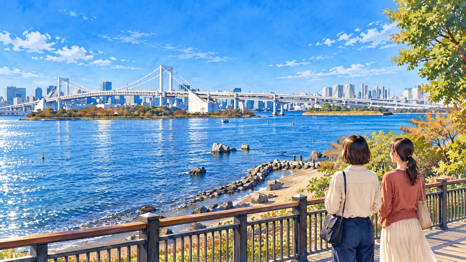 お台場の海辺でレインボーブリッジを眺める二人の女性を描いた水彩イラスト