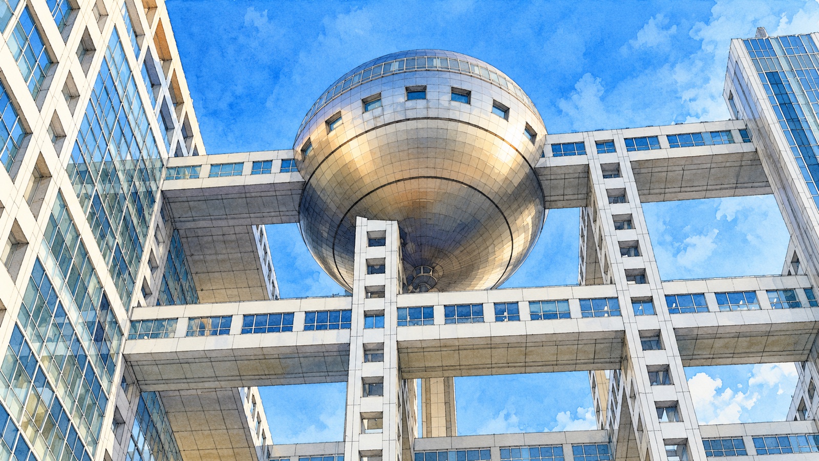 銀色の球体がビルの間に浮かぶフジテレビ本社の外観