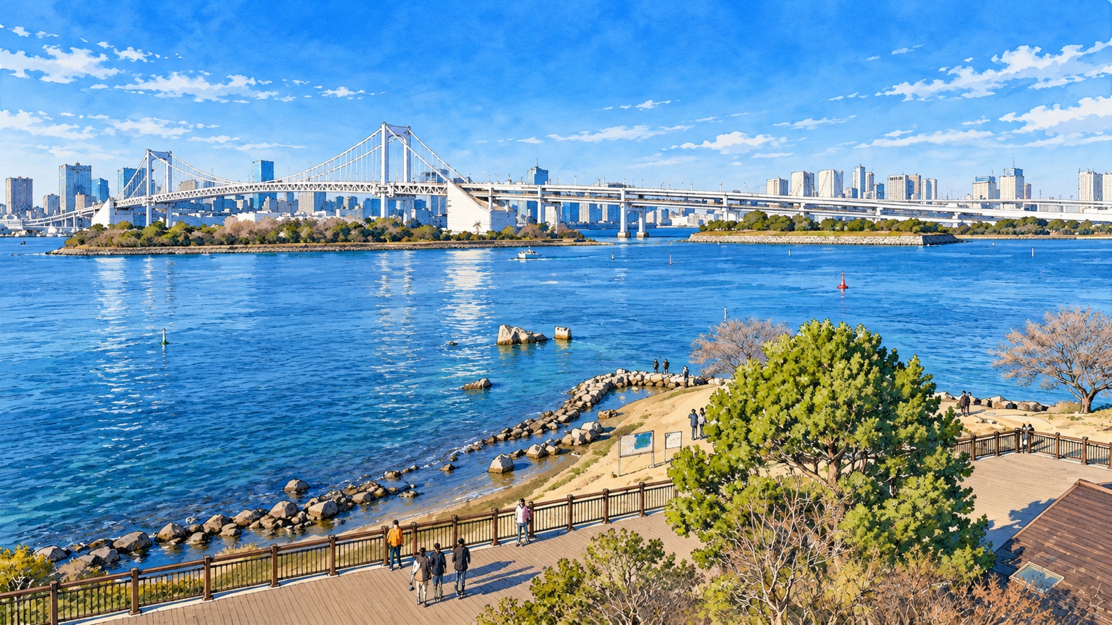 お台場海浜公園のデッキから海とレインボーブリッジを望む景色