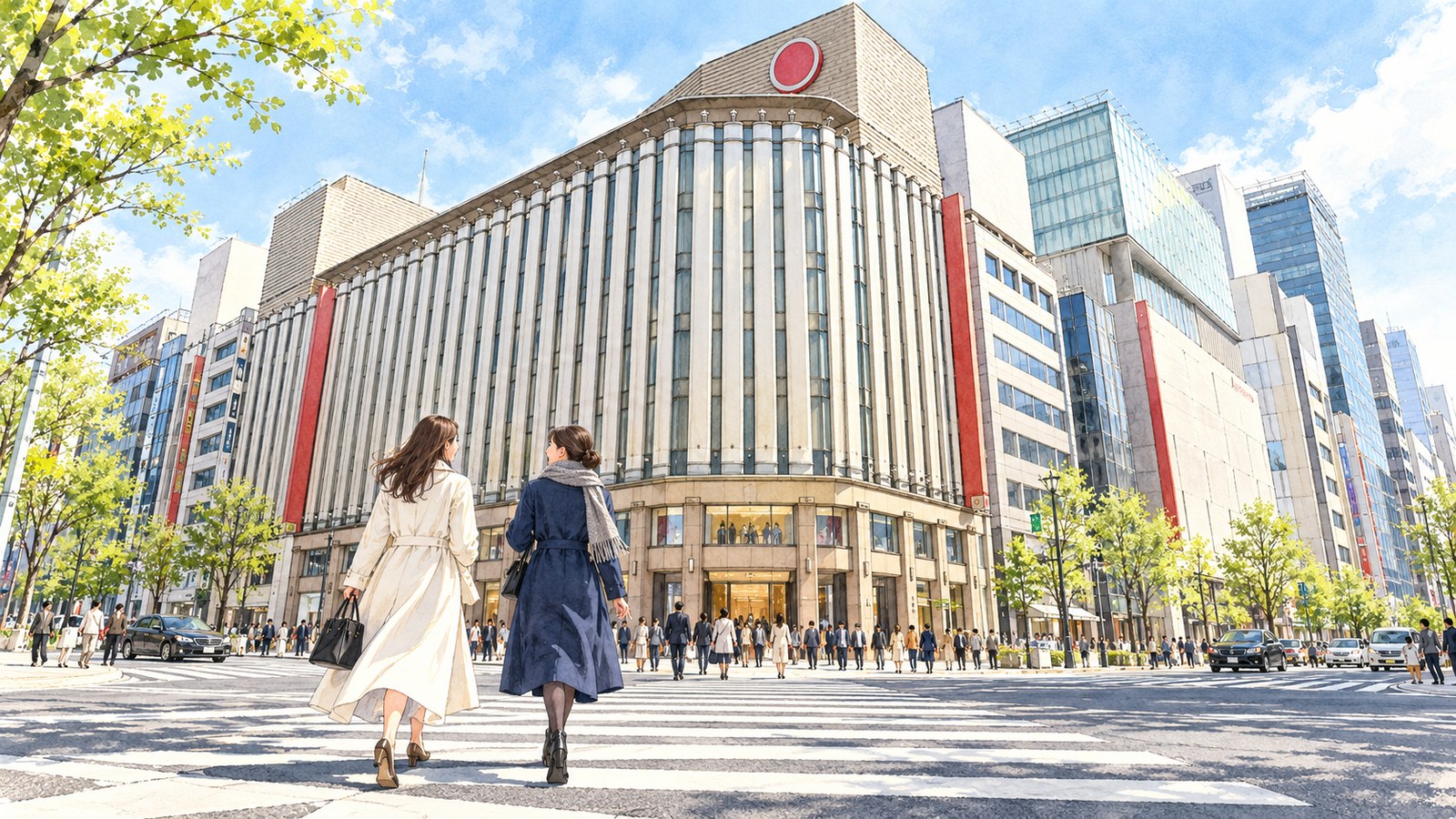 銀座四丁目の横断歩道を渡り、銀座三越へ向かう二人の女性のイラスト