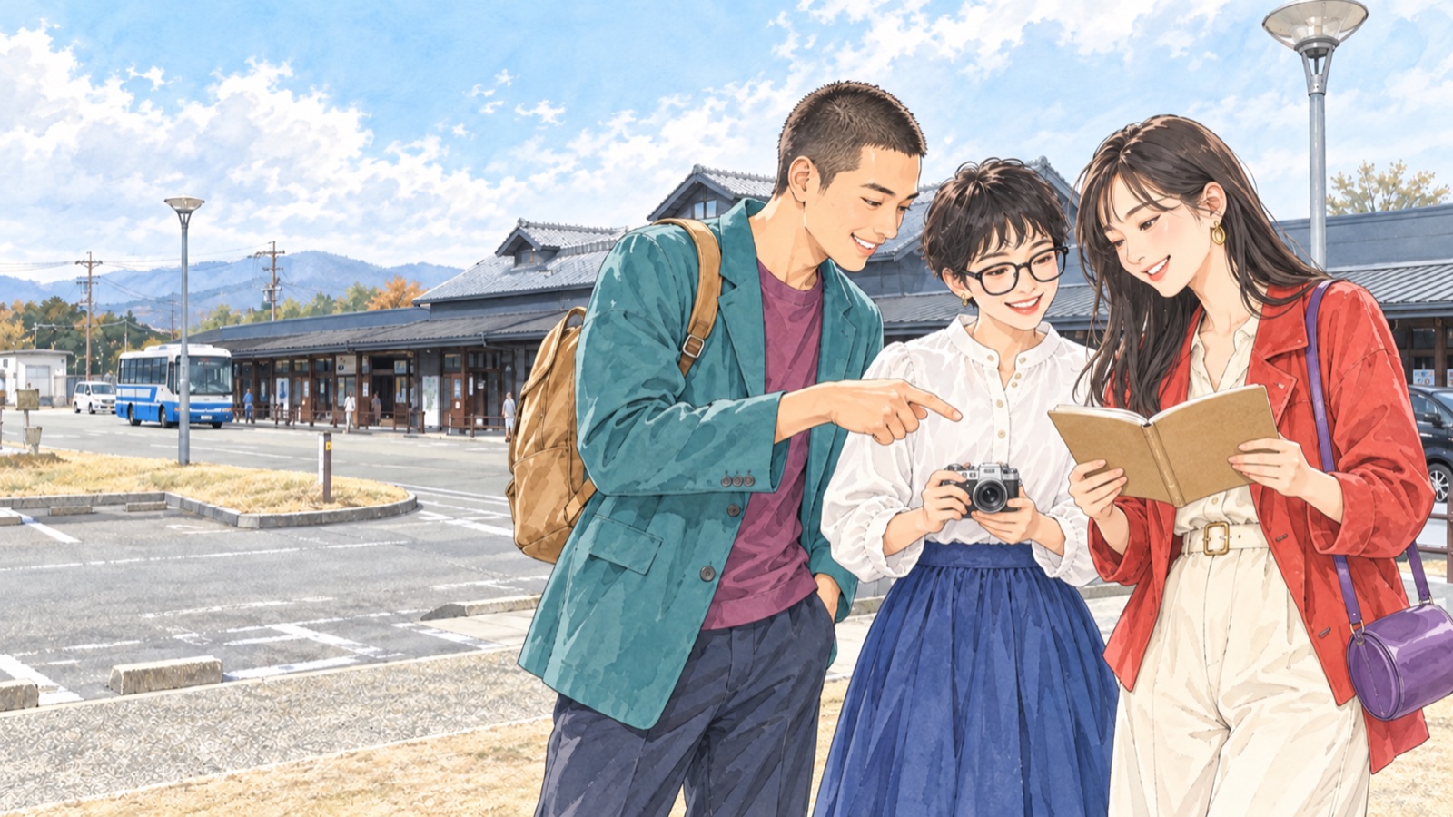 Illustration of three visitors in front of the Usopp statue outside JR Aso Station