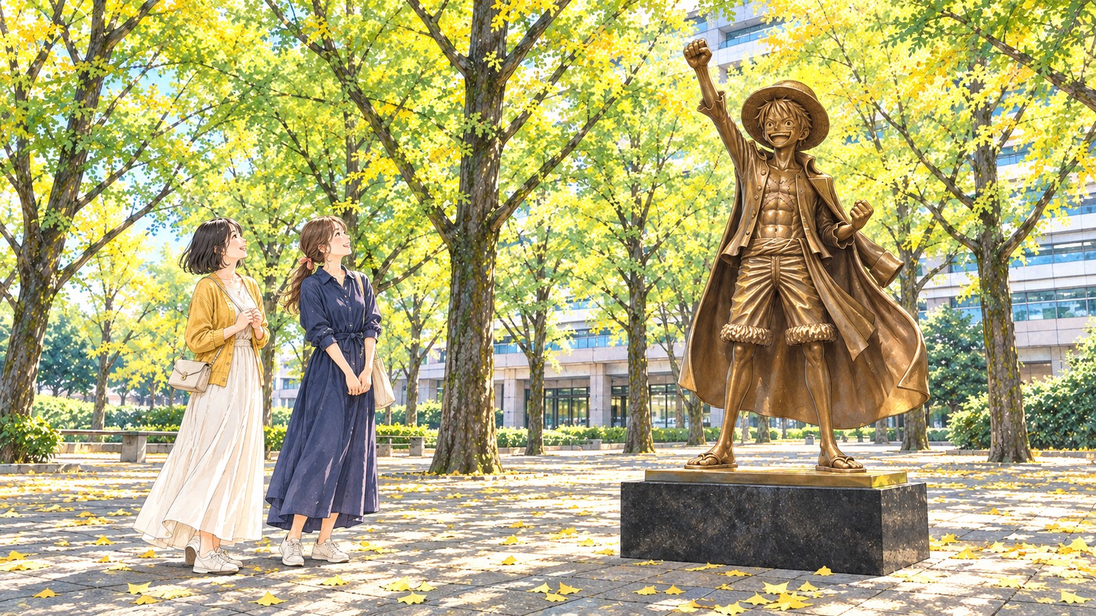Illustration of two women looking up at the Luffy statue on the Kumamoto Prefectural Office promenade