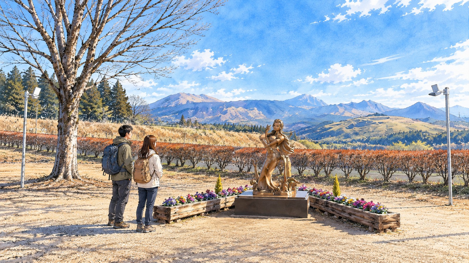 Illustration of two people looking at the Robin statue in a flower bed with the Aso mountains behind