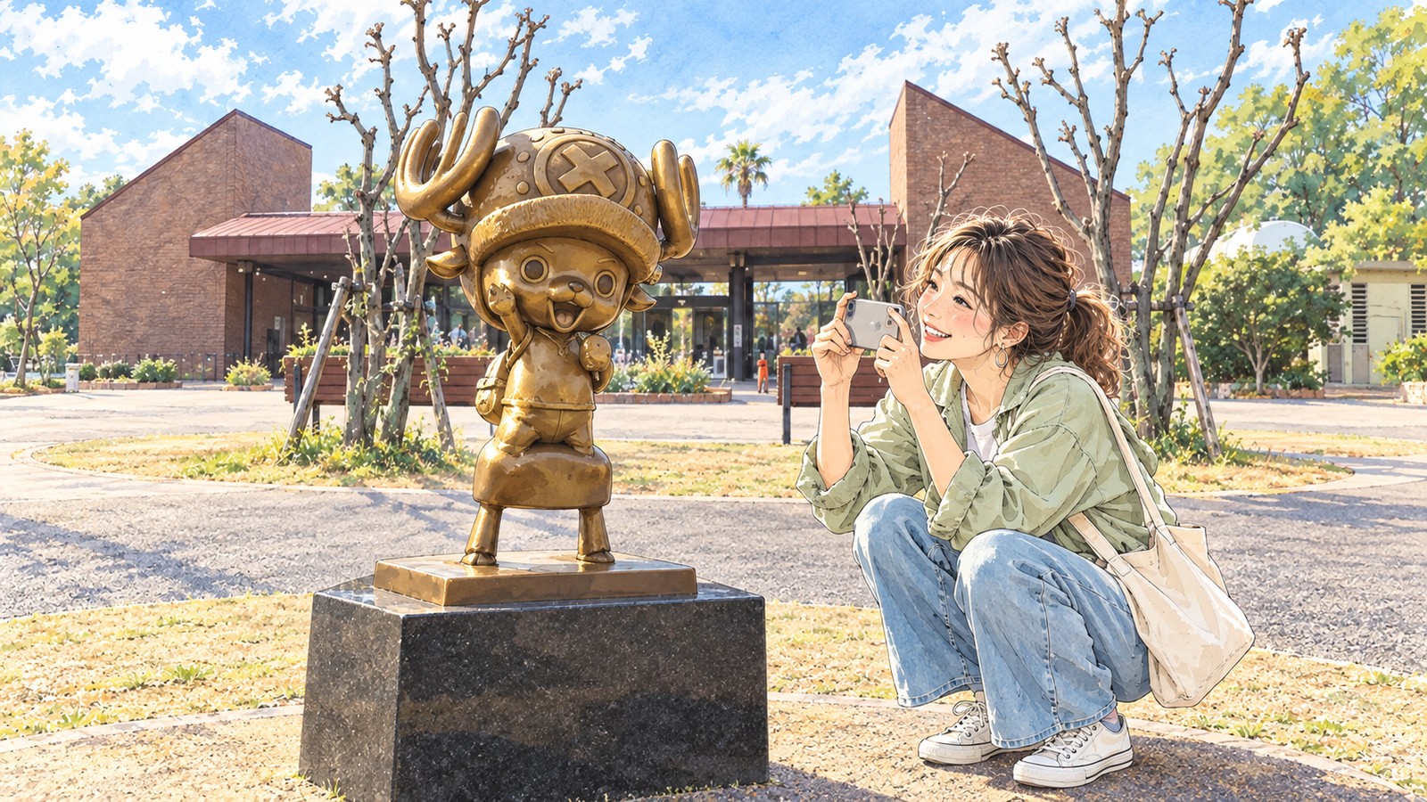 Illustration of a woman photographing the Chopper statue in front of the Kumamoto City Zoo entrance